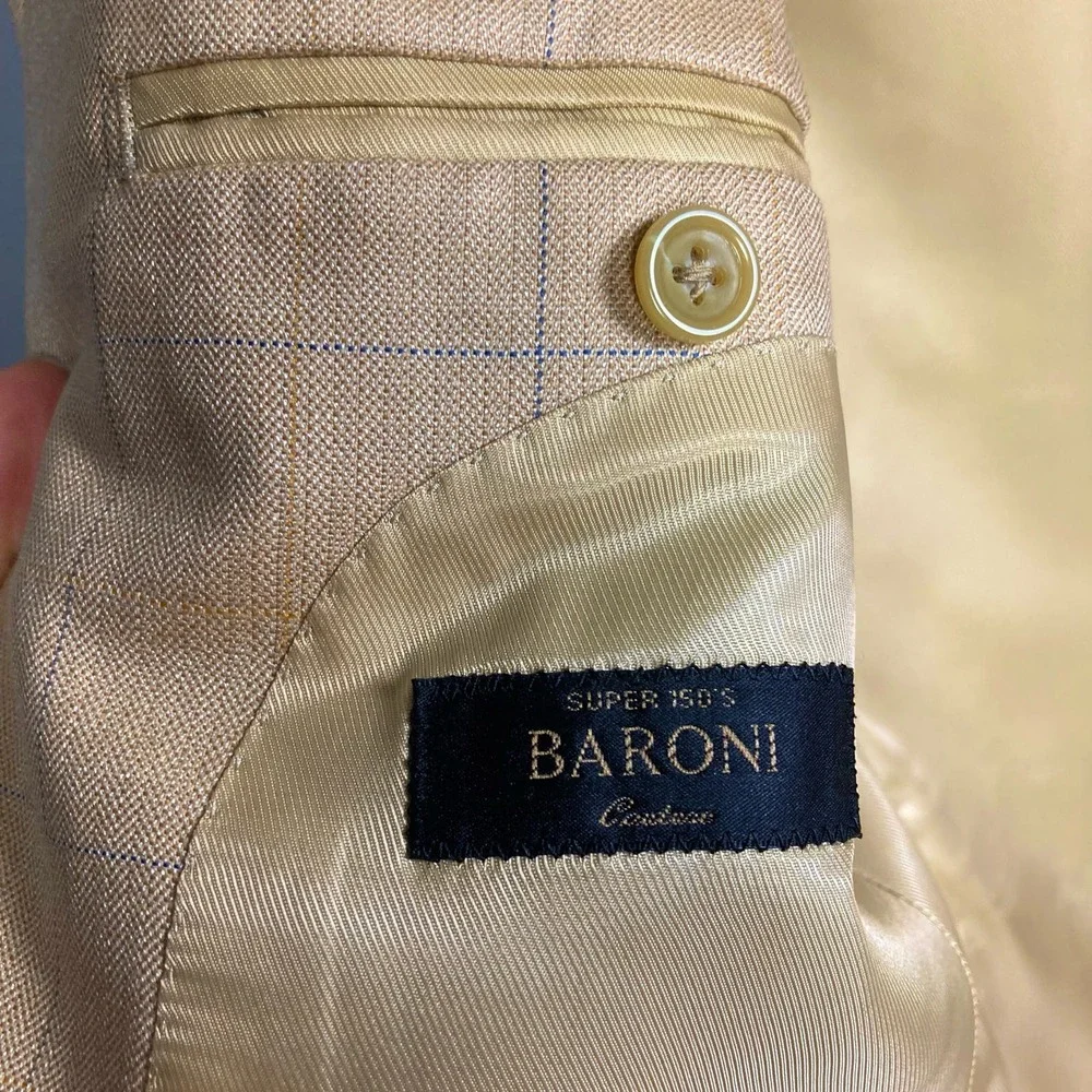 Baroni‎ Couture Sport Coat  Size 38R Tan Camel Plaid Wool Blazer light neutrals